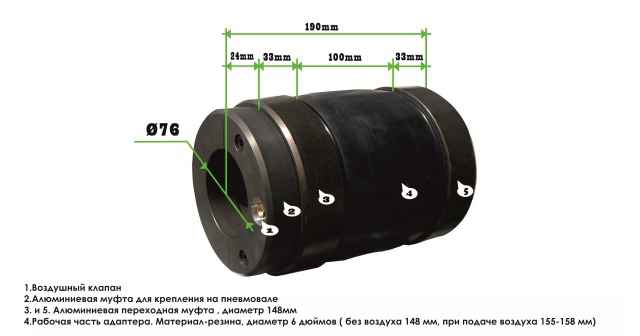 Пневмоадаптер резиновый с 76 мм на 152 мм